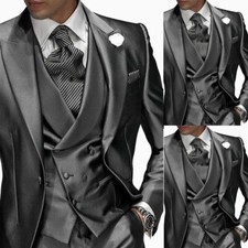 3Pcs Men's Suits Gray Silk Satin Wedding Groom Tuxedos Office Business Blazer