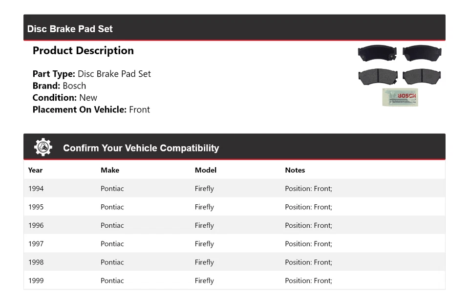 Pastillas de freno delanteras semimetálicas Bosch 1994-1999 Pontiac Firefly 1995 1996 Foto 2 de 3