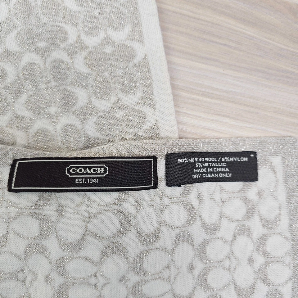 COACH Muffler Scarf Womens Beige Metallic Signature C Logo Merino Wool Prep 48/8 - Image 2 of 4