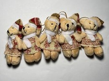 5pc 3in Small Plush Bear Christmas Tree Ornaments Decorated Hat Scarf Hanging