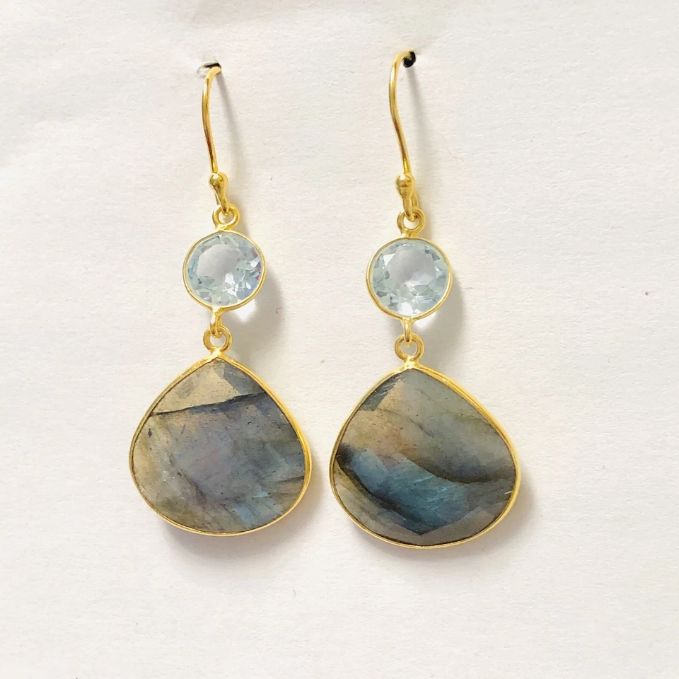 Pendientes SS 18K YG Labradorita y Topacio Azul Foto 2 de 4