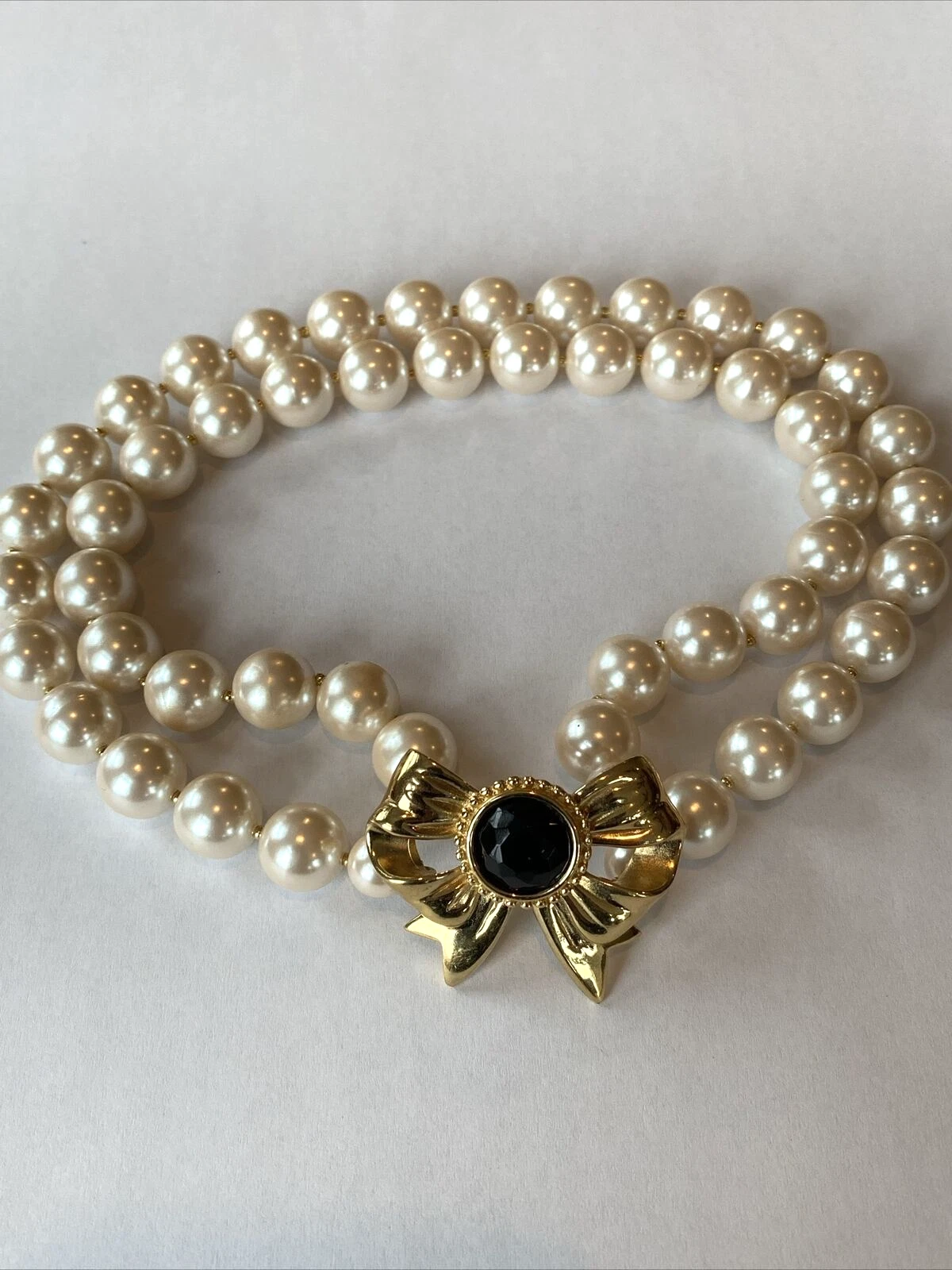 Collana Fiocco GIVENCHY 16" Doppia Perla Cristallo Oro Corsa Collare Choker Vintage anni '80