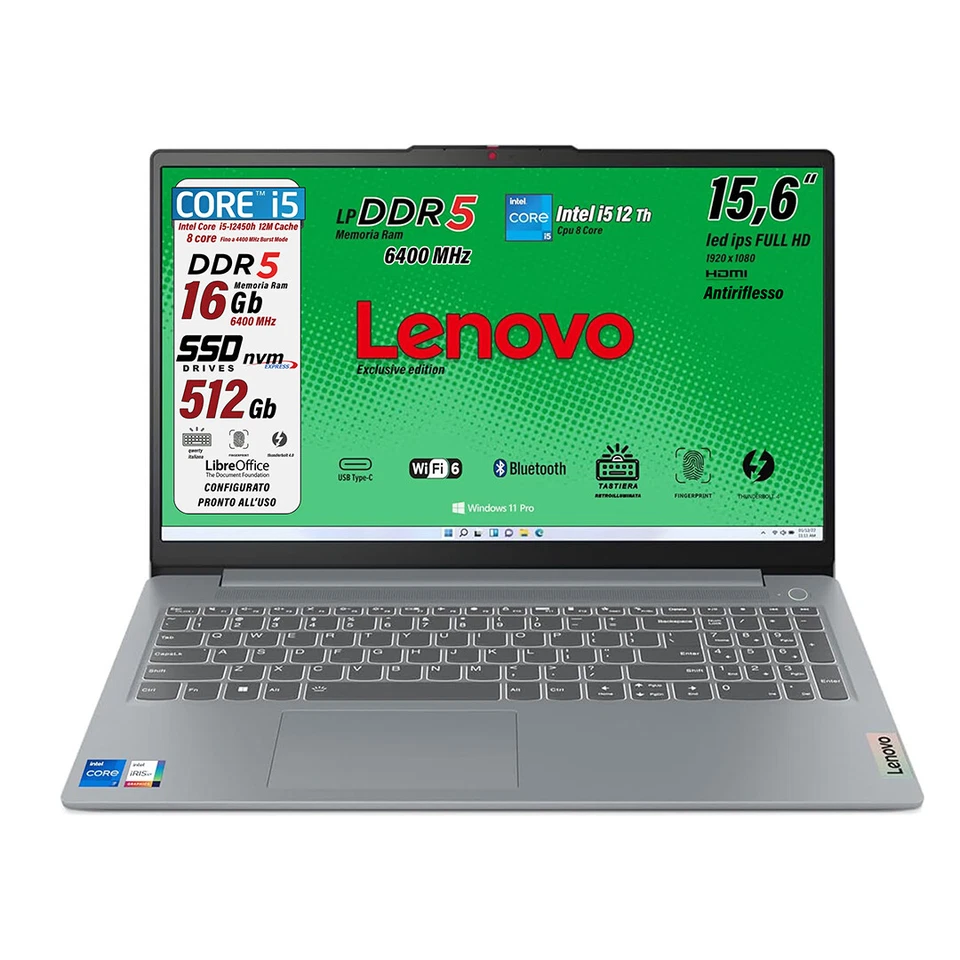 Notebook Lenovo Intel i5 12450H DDR5 16GB SSD 512GB FHD 15,6 Win11Pro Fing Retro