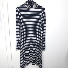 Maeve Dress Womens XS Foldover Turtleneck Stretchy Striped Midi Navy White