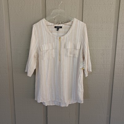 Ellen Tracy Utilty Top Size M Women Linen Viscose Blend Stripe Tap Sleeve Preppy