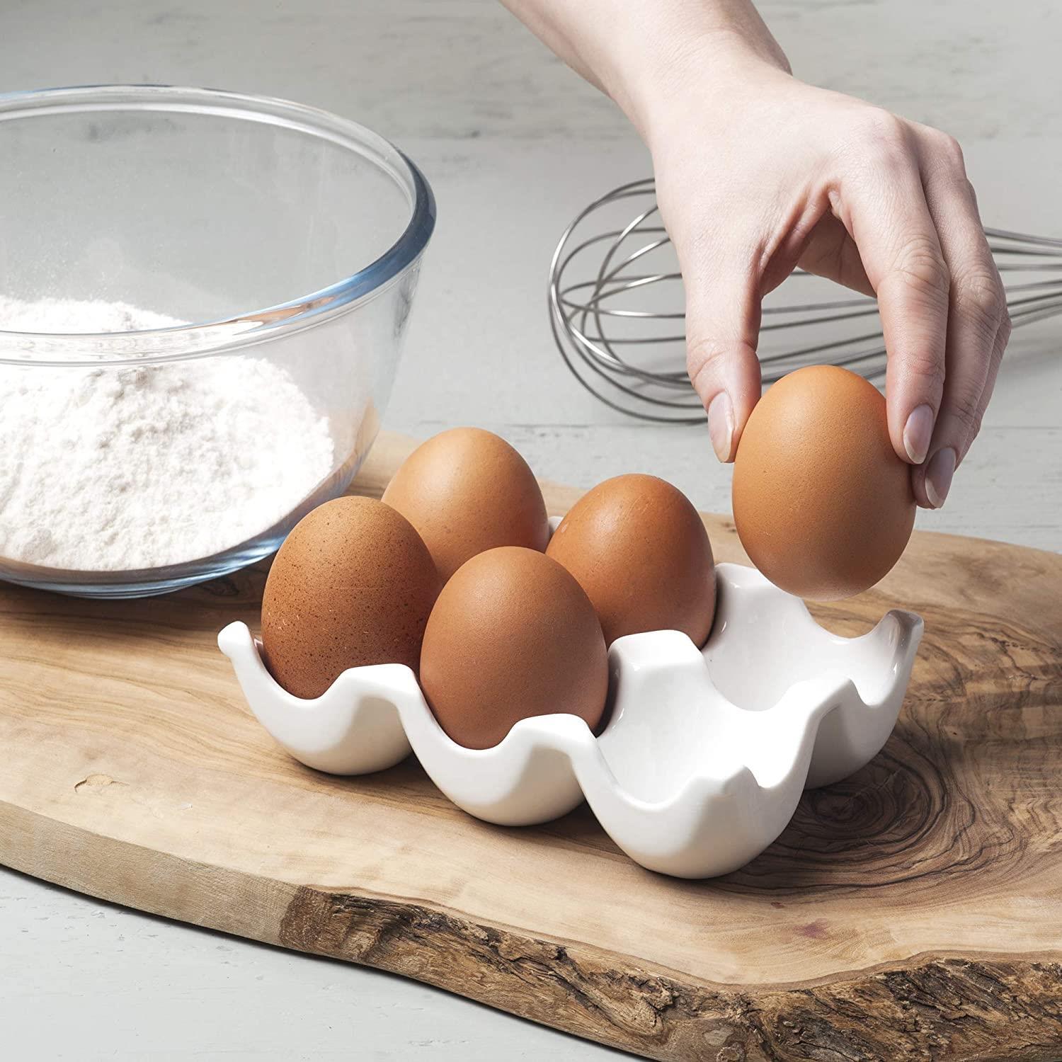 Porcelain 6 Egg Storage Tray Holder, Traditional Ceramic Tray for Eggs, White