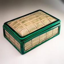 CARR Paris Art Deco Majolica Box by Sylvio, Green Cream Glazed Ceramic France