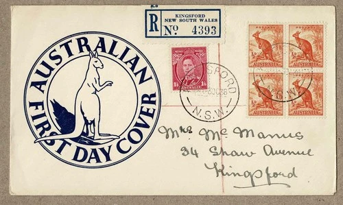 Australia 1938 Cole Generic ½d Kangaroo Block 4 KGVI 1s4d  FDC Registered Cover