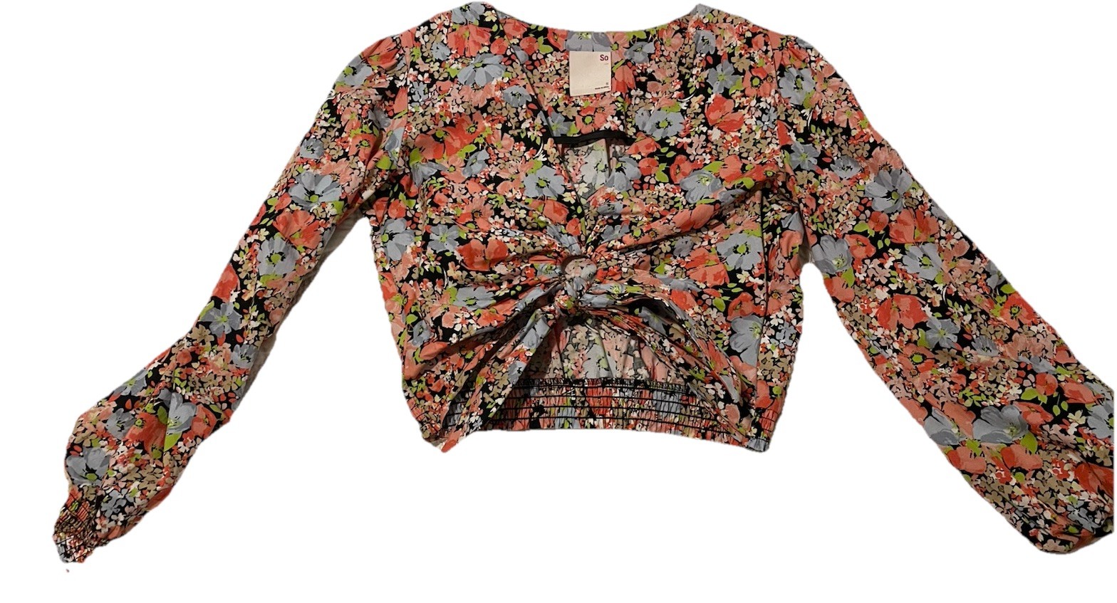 V-neck Floral Long Sleeve Cotton Crop Top Blouse in Size S Super Cute