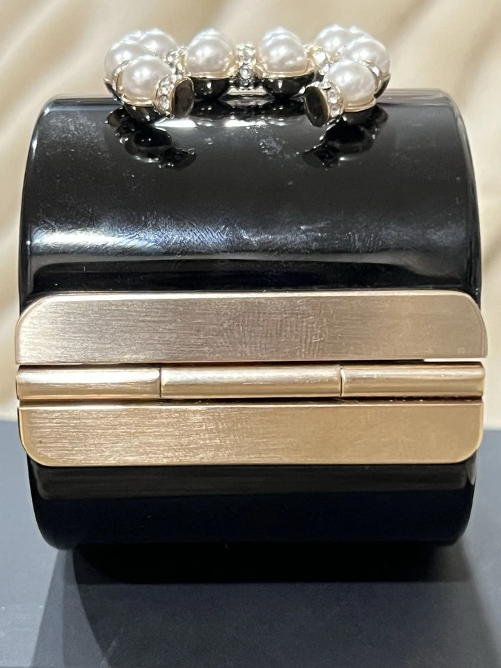 Chanel Black Cuff Pearl Logo Bracelet. Black, Pearly White, Crystal & Gold - Image 4 of 4