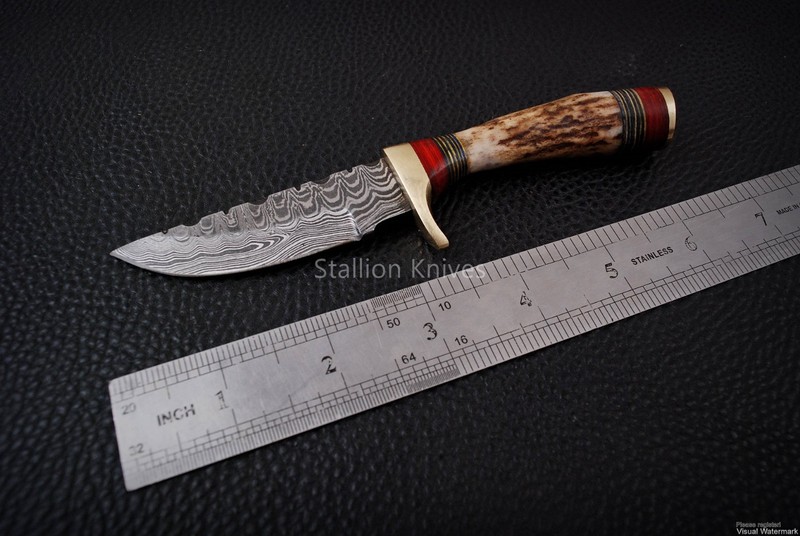 6’’ Handmade Damascus Steel Hunting/Camping Sharp Stag/Antler Knife with Sheath