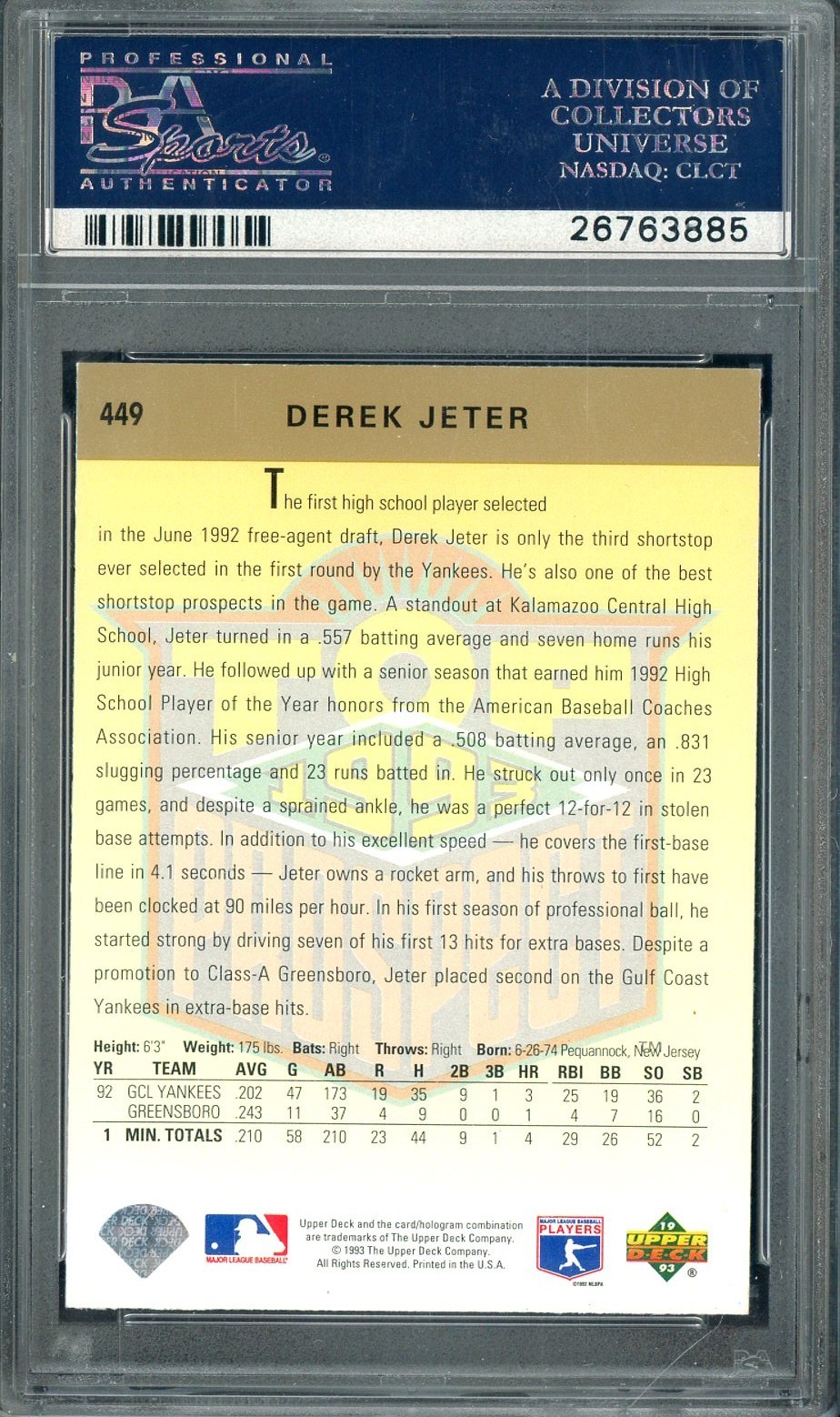 1993 Upper Deck #449 Derek Jeter New York Yankees RC Rookie HOF PSA 9 MINT view 2