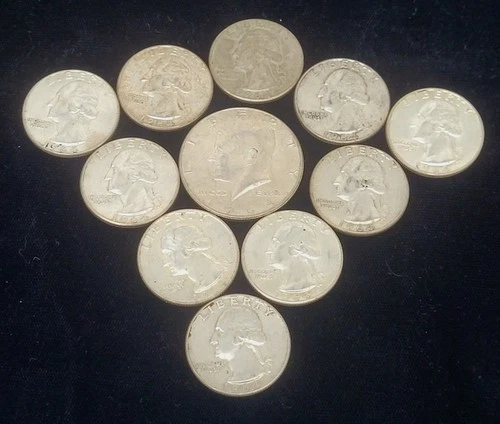 Junk Silver Bullion $3 FV US Coins 1964 Washington Quarters & JFK Half Dollar