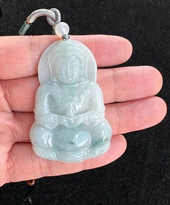 Floating Green Guan Yin Bodhisattva观音菩萨Jadeite Jade Pendant, 100% Untreated