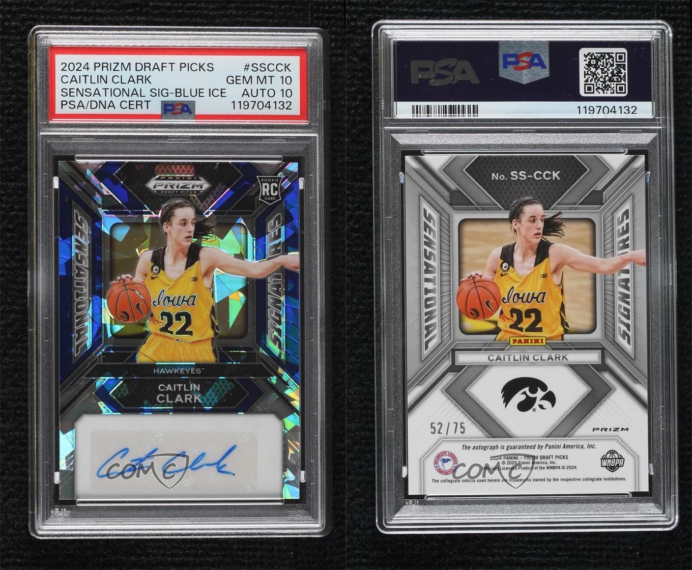 2024 Prizm Draft Picks Blue Ice 52/75 Caitlin Clark PSA 10 Rookie Auto RC 19fe view 3