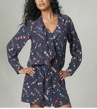 Rebecca Taylor Silk Shirt Dress Floral Navy Long Sleeve Drawstring Button Sz 4