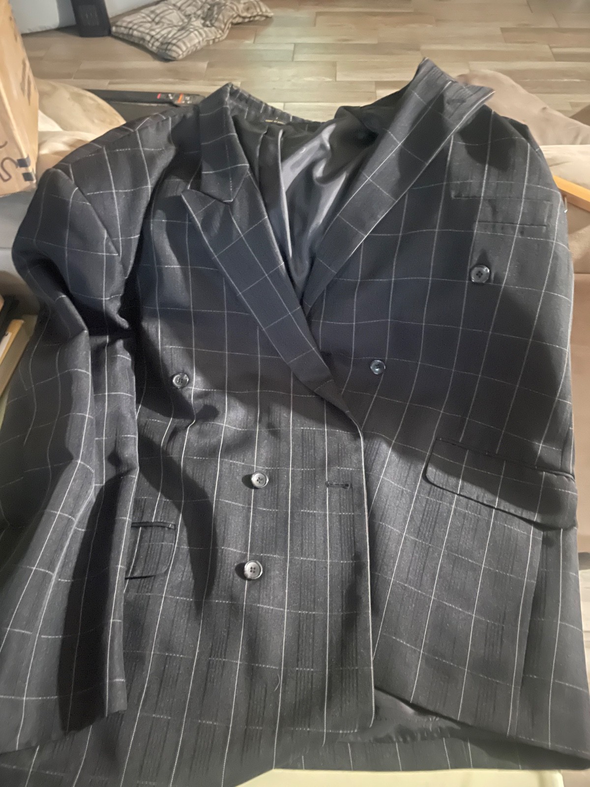 Vintage Gianni Vironi Mens double breasted 2 Piece Black Suit 52R 46X29 Striped