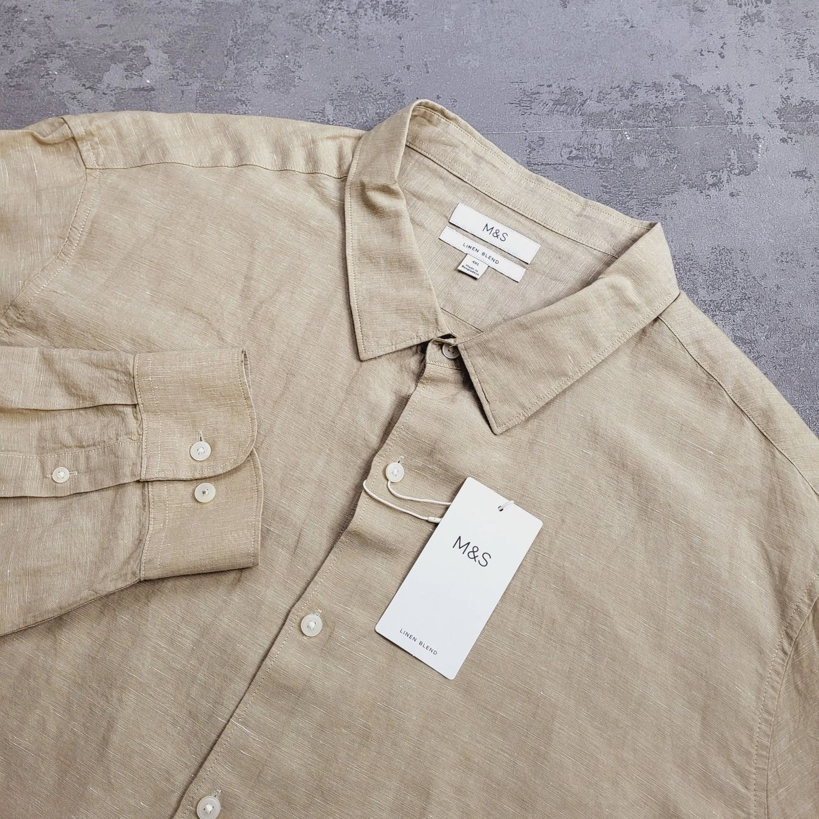 Marks and Spencer Linen Shirt Mens 4XL Regular Fit Sand Button Up Long Sleeve
