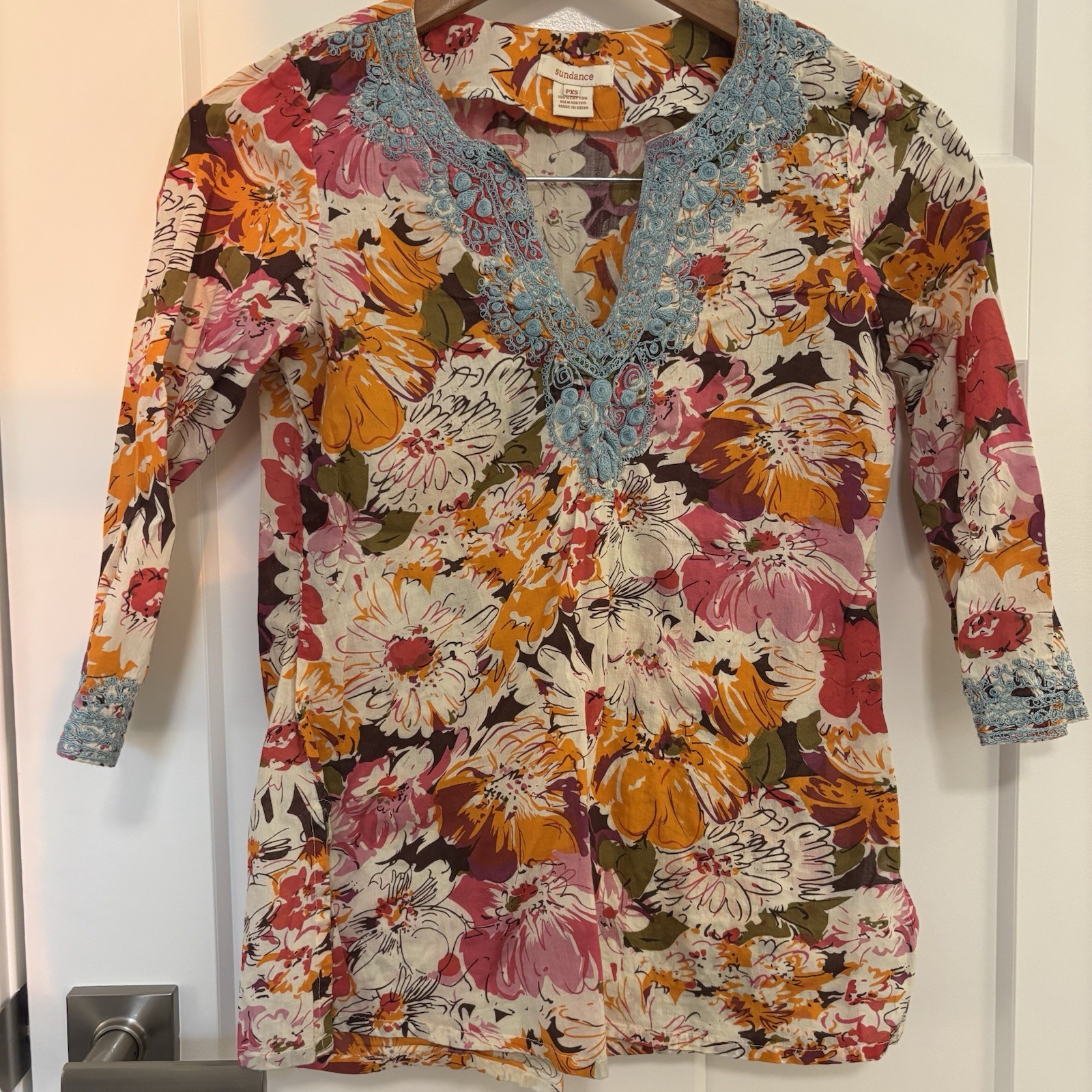 Women’s Sundance Cotton Floral Blouse Embroidered Size XSP