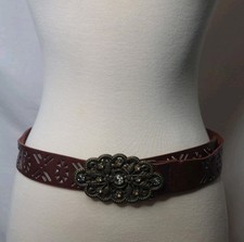 Vintage Belt Ornate Buckle Rhinestone Brown Boho Western Coastal Cowgirl 28/33
