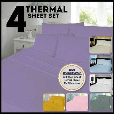 Thermo 4-teiliges gebürstetes Baumwollflanelett Laken-Set (passend, flaches Laken, Kissenbezüge)