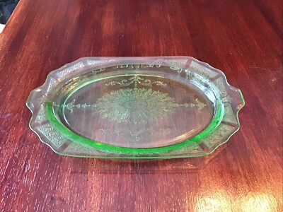 Princess Pattern Green Uranium Glass Oval Closed Handle Tray by Hocking Glass