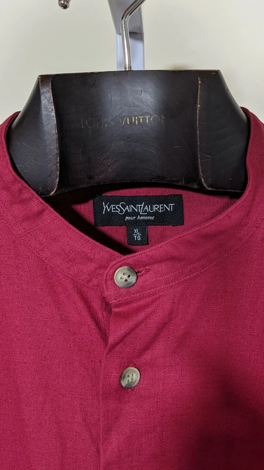 Yves Saint Laurent Pour Homme 90s Fuscia Linen Blend Mandarin Neck Shirt XL - Image 3 of 4