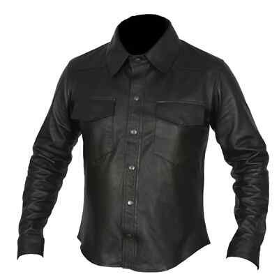 Handmade Black Men's Genuine Soft Lambskin Leather Shirt Style Motorcycle Casual