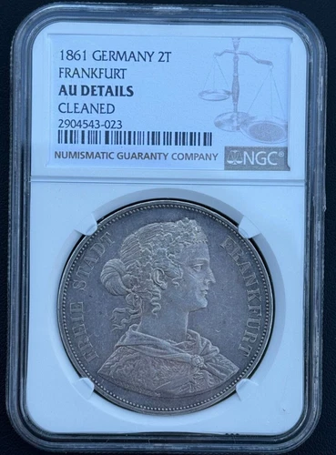 1861 Germany, Frankfurt  90% Silver 2 Thaler, KM# 365 NGC About Uncirculated