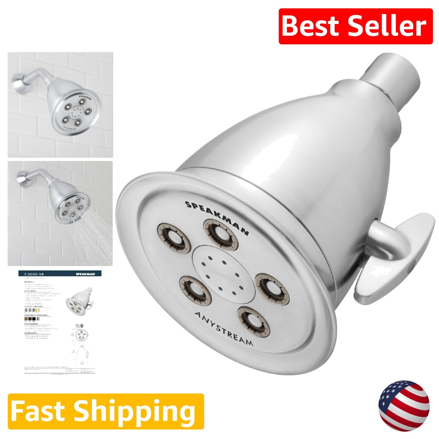 Contemporary High Pressure Shower Head - Anystream 360 System - Brushed Chrome