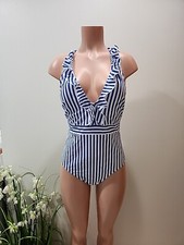 Nwt Cupshe Size XS Ruffle Trim V-Neck Blue Striped Crisscross Back Swimsuit