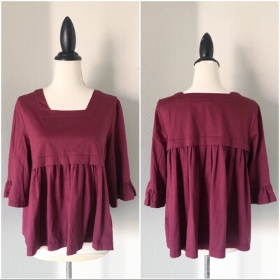 Anthropologie Women's Postmark Peplum Maroon Ruffle Sleeve Top Size S Small