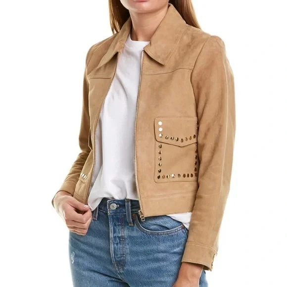 Sandro Paris 1300$ Tan Patriote Studded Pockets Suede Leather