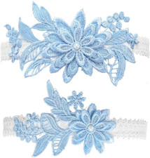 Wedding Garters Set Lace Bridal Garter Stretchy Floral Garter for Bride Blue Whi