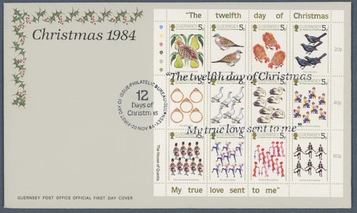 GUERNSEY - 1984 CHRISTMAS THE 12 DAYS OF CHRISTMAS SPECIAL SHEET FDC SG 316-327.
