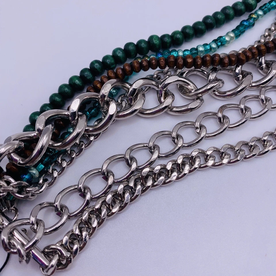 Aura 绿色棕色银色链珠手链 8 英寸全新 — 第 2/4 张图片