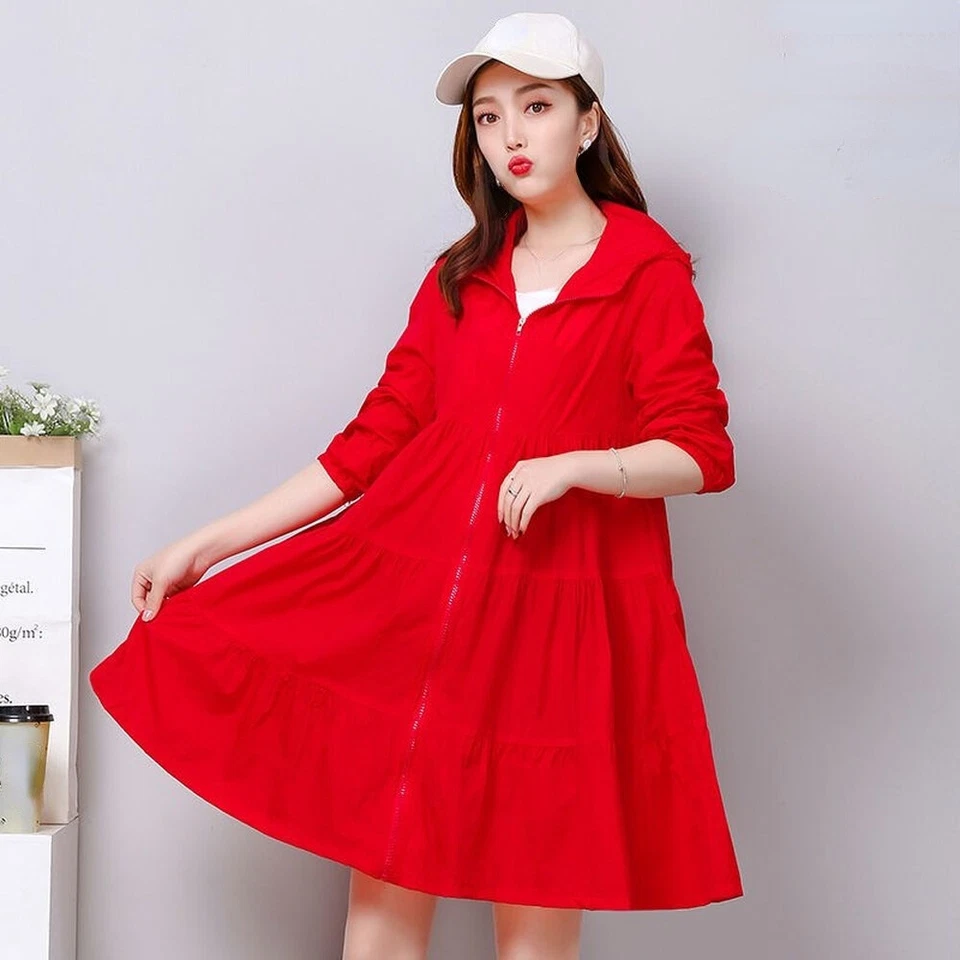 Summer Women Hooded Dust Coat Windbreaker Zip Midi Jacket Loose Thin Top Fashion - Image 3 of 4