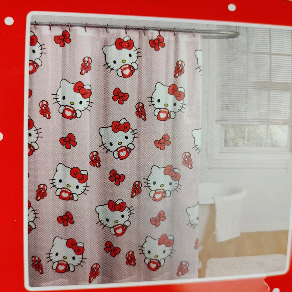 Hello Kitty Christmas Hot Chocolate Candy Canes Pink Fabric Shower Curtain 72x72 - Image 4 of 4