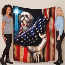 Cute Shih Tzu Dog Patriotic Flag USA Blanket Christmas Gift For Pet Dogs Lover