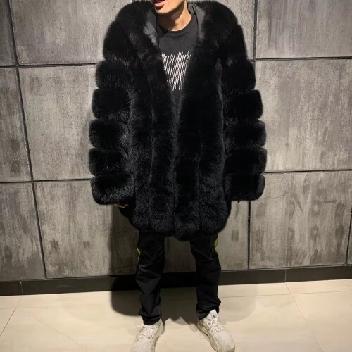 Abrigo chaqueta de piel negra con capucha de lujo cálido de invierno para hombre - Imagen 5 de 18