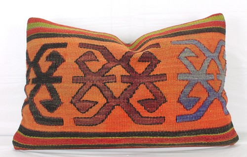 Orange Brown Handmade Turkish Kilim Lumbar Pillow Cover 16x24 Red Kilim Cushion - Picture 2 of 9
