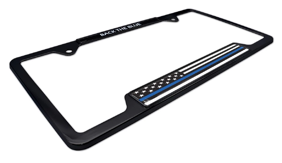 Police Thin Blue Line Flag "Back the Blue" Open Black Metal License Plate Frame - Image 3 of 3