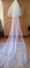 White Cathedral Length And Fingertip Tulle Bridal Wedding Veil, Long Train Style