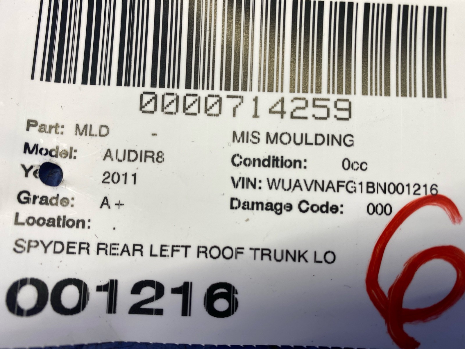 2008-2015 AUDI R8 SPYDER REAR LEFT ROOF TRUNK LOUVER TRIM PANEL MOULDING SILVER