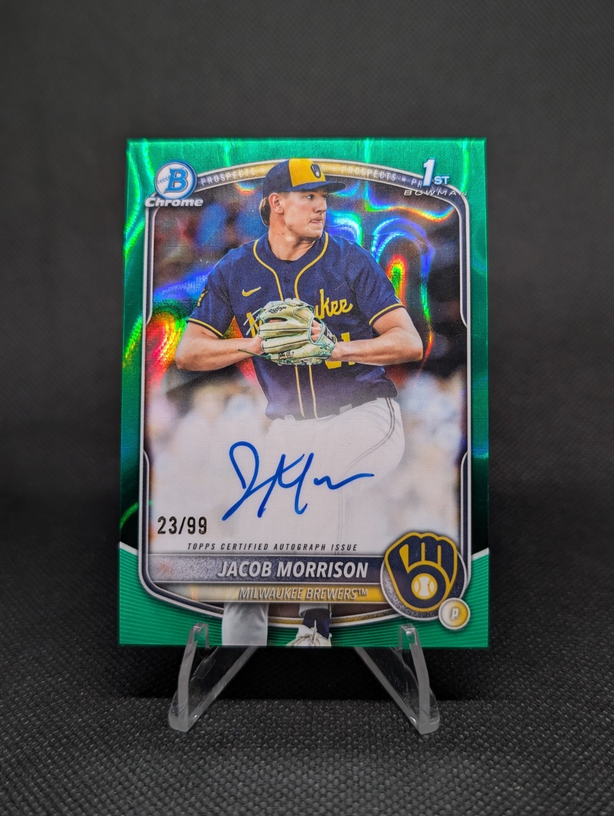 Jacob Morrison 2025 Bowman Draft Green Lava Refractor Chrome Auto 1st RC /99