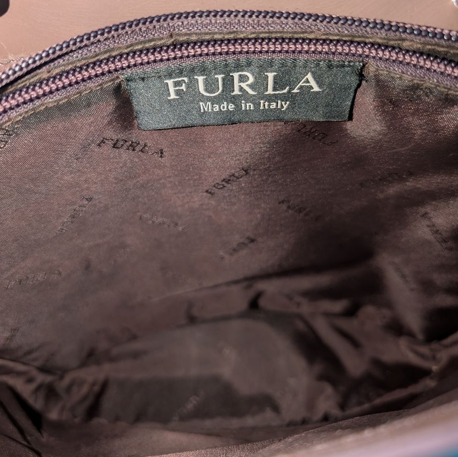 Vintage Furla Made In Italy Taupe Brown Patent Leather Tote Floral Accents image 9
