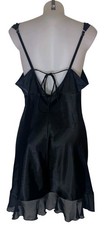Vtg 90s Womens Black Satin Lace Coquette Dollete Feminine Night Slip Dress Sz L