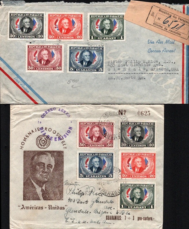 1951 Paraguay 2 Covers Registered - Franklin Roosevelt Stamps
