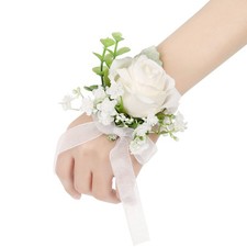White Rose Wrist Corsages Wristlet Band Bracelet for Wedding,Set of 6, Ivory ...