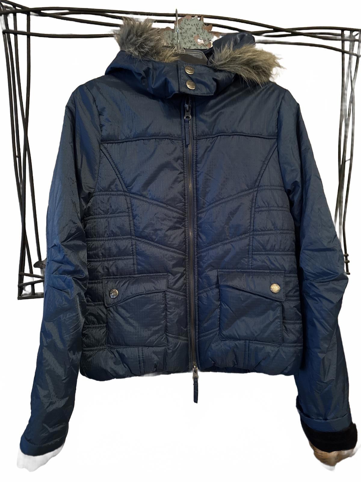 O'Neill Women's Navy Blue Quilted Jacket with Faux Fur Hood